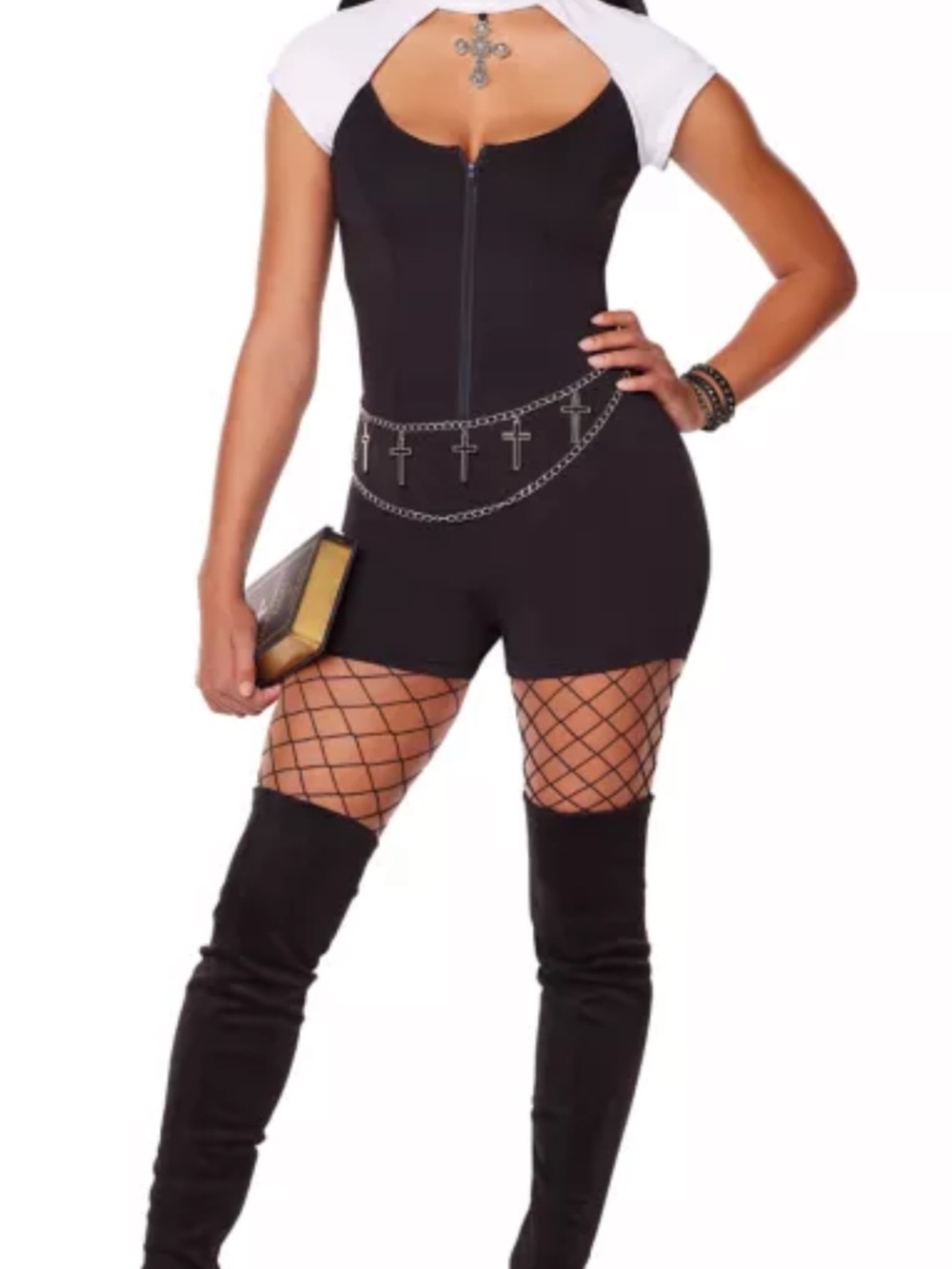 Spirit Black and White Short Romper with Front Zip